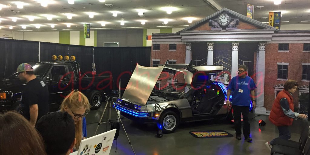 Back to the Future display with Marty's truck and the DeLorean