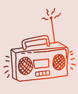 hand drawn old school boombox with antennae accepting sound, broadcasting sound via the speakers