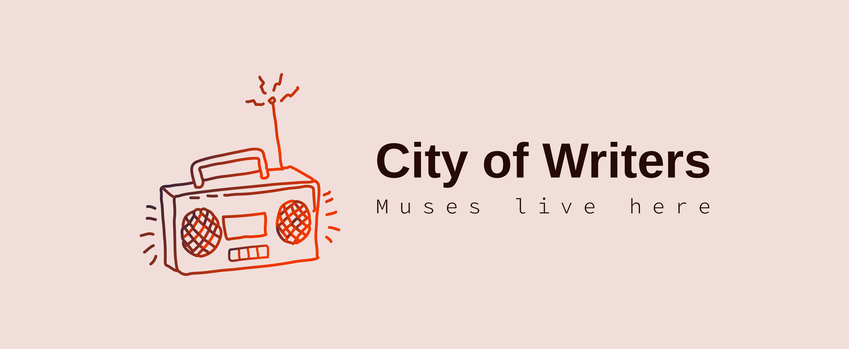 boombox illustration on a peach-colored background with the text: city of writers, muses live here, next to it