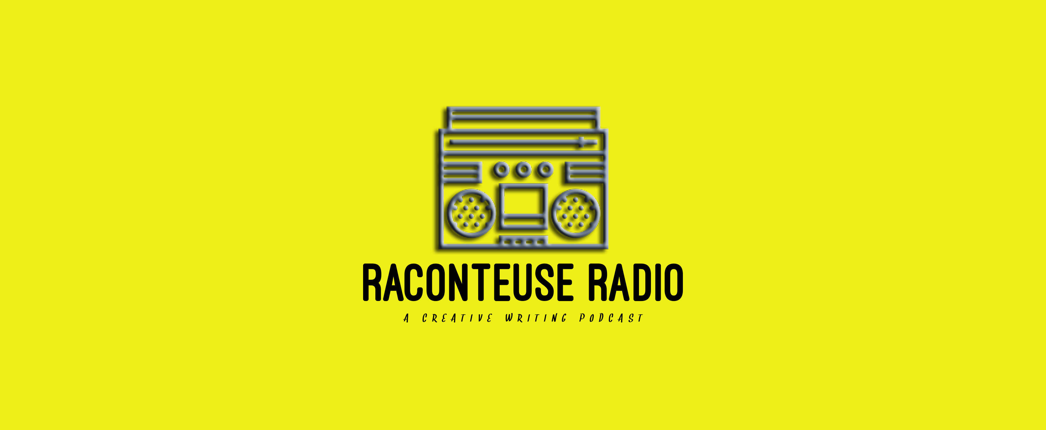 illustration of an outlined black boombox on a yellow background with the text "raconteuse radio: a creative writing podcast" below it
